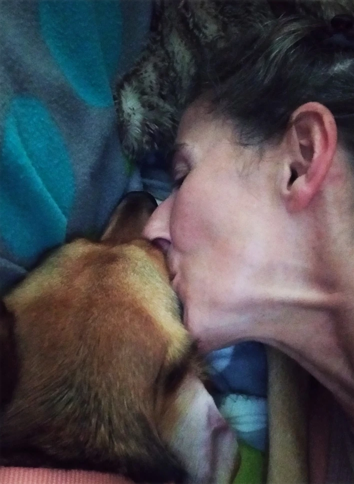 Instant intime entre une femme et son chien, se touchant le nez dans un geste affectueux et paisible.