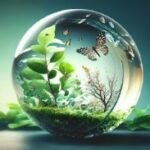 Illustration conceptuelle d'une sphère de verre contenant un petit écosystème, avec des arbres, des plantes verdoyantes et des papillons volant librement, évoquant un monde naturel préservé et autonome.